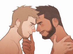 Rule 34 | 2boys, bandaid, bandaid on face, bandaid on nose, bara, beard, black hair, blush, couple, dark-skinned male, dark skin, eye contact, facial hair, finger to mouth, forehead-to-forehead, from side, heads together, interracial, light brown hair, looking at another, male focus, multiple boys, original, powerlesssong, short hair, smile, thumb sucking, toned, toned male, upper body