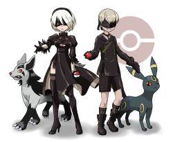 Rule 34 | 1boy, 1girl, 2b (nier:automata), 9s (nier:automata), android, animal hands, bad id, bad pixiv id, belt, belt buckle, black belt, black dress, black feathers, black footwear, black gloves, black hairband, black ribbon, black shirt, black shorts, black socks, blindfold, boots, breasts, buckle, buttons, choker, claws, cleavage cutout, clothing cutout, colored sclera, creatures (company), crossover, double-breasted, dress, feather-trimmed sleeves, feather trim, feathers, full body, game freak, gen 2 pokemon, gen 3 pokemon, gloves, green belt, grin, hair between eyes, hairband, high heel boots, high heels, highres, holding, holding poke ball, kneehighs, legs apart, long sleeves, medium breasts, mightyena, mole, mole under mouth, nier:automata, nier (series), nintendo, official style, outstretched arm, outstretched hand, poke ball, pokemon, pokemon (creature), puffy long sleeves, puffy sleeves, red eyes, ribbon, shadow, sharp teeth, shirt, shoes, short hair, shorts, side slit, simple background, smile, socks, standing, teeth, tellzeta, thigh boots, thighhighs, turtleneck, umbreon, white background, white hair, yellow sclera, zettai ryouiki