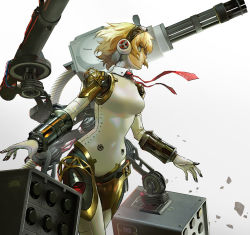 Rule 34 | 1girl, aegis (persona), ammunition, ammunition belt, android, autocannon, blonde hair, blue eyes, breasts, cannon, commentary, duplicate, english commentary, floating hair, gatling gun, gradient background, hairband, highres, joints, looking ahead, mecha musume, medium breasts, missile pod, multiple-barrel firearm, necktie, open hands, persona, persona 3, qosic, red necktie, robot, robot joints, rotary cannon, short hair, solo