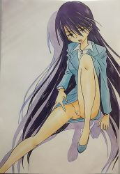 Rule 34 | 1girl, blue footwear, blue jacket, blue skirt, blush, breasts, censored, commentary request, foot out of frame, highres, jacket, large breasts, long hair, looking at viewer, no panties, open mouth, purple eyes, purple hair, pussy, reda ashigaki, shirt, simple background, skirt, spread legs, sweatdrop, teeth, traditional media, upper teeth only, very long hair, white background, white shirt, yamada tae, zombie land saga, zombie land saga gaiden