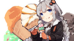 Rule 34 | 1girl, :q, ahoge, black dress, black jacket, blue eyes, blush, braid, brown gloves, closed mouth, collared shirt, dress, fingerless gloves, food, gloves, grey hair, hair ornament, highres, holding, holding food, holding spoon, ice cream, ice cream cone, jacket, kizuna akari, long hair, looking at viewer, low twintails, normaland, open clothes, open jacket, shirt, smile, solo, spoon, star (symbol), tongue, tongue out, triple scoop, twin braids, twintails, upper body, very long hair, voiceroid, white background, white shirt