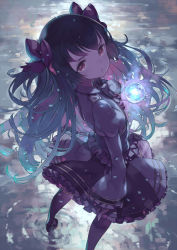Rule 34 | 1girl, black footwear, black hair, bow, closed mouth, collared shirt, commentary request, copyright request, frilled shirt, frilled skirt, frilled sleeves, frills, hair bow, high heels, holding, juliet sleeves, kuroboshi kouhaku, long hair, long sleeves, looking at viewer, looking back, orb, pantyhose, pleated skirt, puffy sleeves, purple pantyhose, purple shirt, purple skirt, red bow, red eyes, ripples, shirt, shoes, skirt, sleeves past wrists, solo, standing, very long hair, wide sleeves