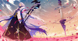 Rule 34 | 1boy, cloud, fate/grand order, fate (series), field, floating, floating object, flower, flower field, holding, holding staff, hooded, long hair, looking away, male focus, merlin (fate/stay night), nozaki tsubata, open mouth, petals, purple eyes, resolution mismatch, robe, sky, smile, solo, source larger, staff, standing, tower, white hair