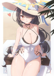 Rule 34 | 1girl, arm support, bare shoulders, beach, black choker, black hair, blue archive, blurry, blurry foreground, breasts, brown eyes, brown hat, choker, cleavage, collarbone, commentary request, covered navel, depth of field, flower, gluteal fold, hair over one eye, halo, hat, hat flower, heart, highres, hinata (blue archive), hinata (swimsuit) (blue archive), large breasts, long hair, looking at viewer, one-piece swimsuit, parted lips, sand, sitting, solo, swimsuit, synn032, thigh gap, very long hair, water, white flower, white one-piece swimsuit