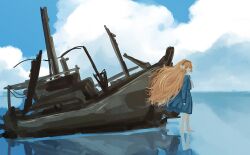 Rule 34 | 1girl, barefoot, blue sky, bow, full body, hair bow, highres, horizon, ishmael (project moon), limbus company, long hair, looking at viewer, ngancurindunia, orange hair, project moon, shipwreck, sidelocks, sky, solo, standing, standing on liquid, very long hair, white bow, wide shot