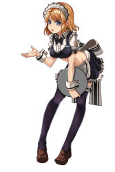 Rule 34 | 1girl, :o, bent over, blue eyes, brown hair, crop top, lhu (barappra1), loafers, looking at viewer, maid, maid headdress, midriff, navel, original, plate, shoes, short hair, skirt, solo, thighhighs, wrist cuffs