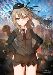 Rule 34 | 1girl, black necktie, blonde hair, blush, breasts, brown eyes, closed mouth, cloud, cloudy sky, girls und panzer, hands on own hips, highres, looking at viewer, medium hair, megadeko, military, military uniform, military vehicle, miniskirt, motor vehicle, necktie, outdoors, pleated skirt, selection university military uniform, shimada arisu, skirt, sky, small breasts, smile, solo, standing, tank, uniform
