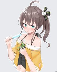 Rule 34 | 1girl, absurdres, ahoge, aqua eyes, bare shoulders, black camisole, blush, breasts, brown hair, camisole, cat hair ornament, collarbone, commentary, cropped jacket, food, food on body, grey background, hair between eyes, hair ornament, hair ribbon, half-closed eyes, halterneck, highres, hololive, jacket, looking at viewer, medium hair, melting, midriff, natsuiro matsuri, natsuiro matsuri (1st costume), navel, off-shoulder jacket, off shoulder, open mouth, orange jacket, popsicle, ribbon, satobitob, short sleeves, side ponytail, sidelocks, simple background, small breasts, solo, spaghetti strap, virtual youtuber