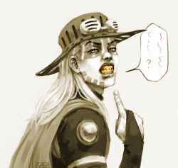 Rule 34 | 1boy, cape, clenched teeth, cowboy hat, from side, goggles, goggles on headwear, gold teeth, gyro zeppeli, hat, jojo no kimyou na bouken, koffo-art, long hair, male focus, pointing, sepia, signature, solo, spot color, steel ball run, teeth, upper body