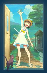 Rule 34 | 1girl, blue sky, brown hair, cat, day, door, dress, closed eyes, hat, highres, looking at viewer, mountain, mountainous horizon, nobile1031, open mouth, original, ribbon, short hair, sky, smile, solo, standing, summer, sundress, teeth, waving