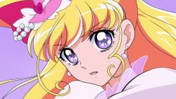 Rule 34 | 1girl, anime coloring, asahina mirai, blonde hair, bow, cure miracle, damascus (dearigazu2001), earrings, hair between eyes, hair bow, hat, highres, jewelry, long hair, looking at viewer, mahou girls precure!, mini hat, open mouth, pink hat, portrait, precure, purple background, purple eyes, red bow, simple background, solo, witch hat