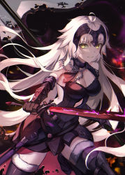 1girl, absurdres, ahoge, armor, armored dress, bangs, bare shoulders, black dress, black gloves, breasts, chains, cleavage, cowboy shot, dress, eyebrows visible through hair, fate/grand order, fate (series), flag, gauntlets, gloves, headgear, highres, holding, holding flag, holding sword, holding weapon, jeanne d&#039;arc (alter) (fate), jeanne d&#039;arc (fate), jeanne d&#039;arc (fate) (all), kyo (maae00), long hair, looking at viewer, medium breasts, parted lips, smile, solo, sword, thighhighs, weapon, white hair, yellow eyes