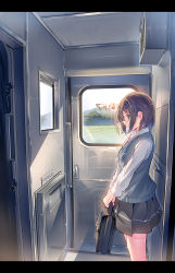Rule 34 | 1girl, bag, breasts, cardigan, commentary request, daito, from side, highres, holding, loafers, long sleeves, original, pleated skirt, school bag, school uniform, shoes, skirt, solo, standing, train, train interior, uniform, window