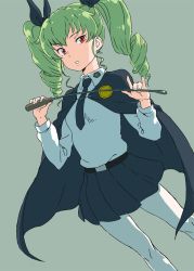 Rule 34 | 1girl, anchovy (girls und panzer), anzio school uniform, belt, black belt, black cape, black necktie, black ribbon, black skirt, cape, commentary request, cowboy shot, dress shirt, drill hair, dutch angle, frown, girls und panzer, green hair, grey background, hair ribbon, holding, ken-sya, long hair, long sleeves, looking at viewer, miniskirt, necktie, pantyhose, parted lips, pleated skirt, red eyes, ribbon, riding crop, school uniform, shirt, simple background, skirt, solo, standing, twin drills, twintails, white pantyhose, white shirt