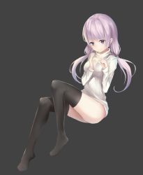 Rule 34 | 1girl, ass, black thighhighs, closed mouth, commentary request, full body, grey background, highres, karin (fineyanny), low twintails, no shoes, original, pink eyes, pink hair, simple background, sitting, smile, solo, sweater, thighhighs, twintails, white sweater