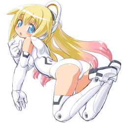 Rule 34 | 10s, 1girl, :o, arnval, ass, bad id, bad pixiv id, bare shoulders, bent over, blonde hair, blue eyes, blush, boots, breasts, busou shinki, dd (ijigendd), doll joints, elbow gloves, from side, full body, gloves, gradient hair, headgear, joints, leotard, long hair, looking at viewer, looking back, multicolored hair, open mouth, pink hair, simple background, sketch, small breasts, solo, thigh boots, thighhighs, very long hair, white background, white footwear, white gloves, white thighhighs