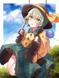 Rule 34 | 1girl, black hat, breasts, expressionless, floral print, green eyes, green hair, green skirt, hair between eyes, hat, heart, heart of string, highres, komeiji koishi, medium hair, open mouth, outdoors, outside border, rose print, shirt, skirt, sleeves past wrists, small breasts, solo, swing, third eye, toufuoishiiiiii, touhou, wide sleeves, yellow shirt