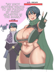 Rule 34 | 1boy, 1girl, ban (natedecock), blue hair, breasts, cape, fingerless gloves, gloves, highres, huge breasts, mature female, mother and son, muscular, muscular female, natedecock, natsumi (natedecock), thick thighs, thighhighs, thighs, v, wide hips
