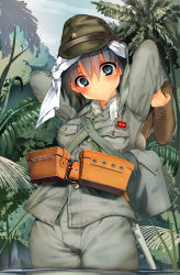Rule 34 | 1girl, absurdres, belt, black eyes, black hair, blush, commentary, hat, head scarf, highres, imperial japanese army, jungle, military, military hat, military uniform, nature, original, outdoors, partially submerged, pouch, samazuka mashiro, shoes, unworn shoes, short hair, soldier, solo, uniform, world war ii