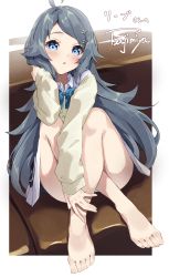 Rule 34 | 1girl, absurdres, ahoge, barefoot, blue bow, blue eyes, border, bow, bowtie, cardigan, commission, commissioner upload, convenient leg, couch, crossed legs, feet, full body, grey hair, hair ornament, hairclip, highres, legs, long hair, looking at viewer, original, pleated skirt, signature, sitting, skirt, solo, thighs, toes, tsushi, white border, white skirt