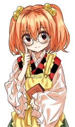 Rule 34 | 1girl, bad id, bad pixiv id, bell, character name, glasses, hair ornament, japanese clothes, jingle bell, long sleeves, looking at viewer, manarou, motoori kosuzu, red eyes, red hair, see-through, short hair, smile, solo, touhou, twintails, wide sleeves