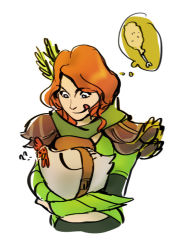Rule 34 | 1girl, armor, arrow (projectile), artist request, backpack, bag, bird, chicken, chicken wing, dota (series), dota 2, food, green scarf, green shirt, red hair, scarf, shirt, shoulder pads, tongue, white background, windranger (dota)