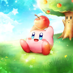 Rule 34 | 1boy, 1other, :d, :o, apple, blue eyes, blush stickers, cloud, cloudy sky, colored skin, commentary request, flower, food, fruit, grass, holding, holding food, holding fruit, kirby, kirby&#039;s dream land, kirby (series), nintendo, no humans, open mouth, pink skin, pointy nose, red footwear, sky, smile, solid oval eyes, star (sky), star (symbol), star in eye, symbol in eye, tree, whispy woods, yellow flower, yume utsutsu (artist)