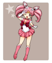 Rule 34 | 1990s (style), 1girl, arm up, bishoujo senshi sailor moon, bishoujo senshi sailor moon s, boots, bow, brooch, chibi usa, choker, cone hair bun, double bun, dress, elbow gloves, full body, gloves, grey background, hair bun, hair ornament, hairpin, heart, heart brooch, jewelry, knee boots, magical girl, one eye closed, pink dress, pink footwear, pink hair, pink skirt, red eyes, retro artstyle, ribbon, rounded corners, sailor chibi moon, sailor collar, seeen, short hair, skirt, solo, star (symbol), tiara, twintails, v, white gloves, wink