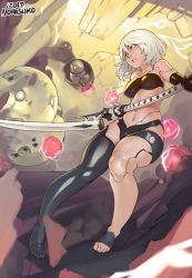 Rule 34 | 1girl, android, battle, breasts, danmaku, dodging, highres, joints, making-of available, mole, mole under eye, mole under mouth, navel, nier (series), nier:automata, norasuko, robot, robot joints, short hair, silver hair, solo focus, stomach, sword, weapon, a2 (nier:automata)