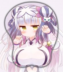 Rule 34 | 1girl, bad id, bad pixiv id, bell, blush, braid, breast mousepad, breasts, cat hair ornament, china dress, chinese clothes, detached sleeves, double bun, dress, hair bun, hair ornament, haku (p&amp;d), huge breasts, jitome, large breasts, long hair, long sleeves, looking at viewer, mashiro miru, mousepad, mousepad (medium), no nose, purple hair, puzzle &amp; dragons, sample watermark, solo, twin braids, watermark, white hair, yellow eyes