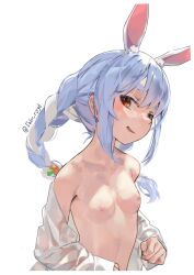Rule 34 | 1girl, animal ears, blue hair, braid, breasts, carrot, carrot hair ornament, commentary, fatur rasid, food-themed hair ornament, hair ornament, highres, hololive, long hair, looking at viewer, nipples, rabbit ears, rabbit girl, red eyes, shirt, simple background, small breasts, smirk, solo, symbol-only commentary, thick eyebrows, twin braids, undressing, upper body, usada pekora, virtual youtuber, white background, white hair, white shirt