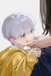 Rule 34 | 1boy, 1girl, absurdres, black hair, child, closed mouth, expressionless, facial tattoo, from side, grabbing another&#039;s chin, hand on another&#039;s chin, hand on another&#039;s knee, head tilt, highres, hood, hoodie, inumaki toge, jujutsu kaisen, long sleeves, looking at another, male focus, popo 6996, purple eyes, shirt, short hair, simple background, solo focus, tattoo, white hair, white shirt, yellow hoodie