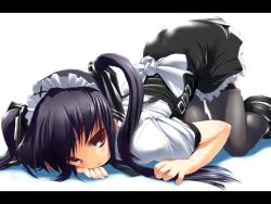 Rule 34 | 1girl, all fours, black hair, hima, kooh, letterboxed, long hair, maid, non-web source, pangya, red eyes, solo, thighhighs, top-down bottom-up, twintails