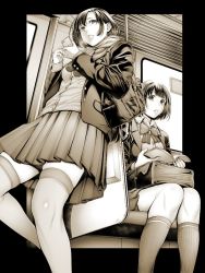 Rule 34 | 2girls, bag, blazer, bob cut, book, bow, bowtie, cardigan, cellphone, collared shirt, feet out of frame, holding, holding book, holding phone, jacket, kneehighs, knees together feet apart, looking at viewer, monochrome, multiple girls, open book, open clothes, open jacket, original, parted lips, phone, pleated skirt, school bag, shirt, short hair, shoulder bag, sitting, skirt, smartphone, socks, temutemutemu, thighhighs, thighs, train interior, zettai ryouiki