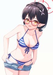 Rule 34 | 1girl, ayane (blue archive), ayane (swimsuit) (blue archive), bare arms, bare shoulders, bikini, black hair, blue archive, blue bikini, blue shorts, braid, breasts, cleavage, clothes pull, collarbone, cowboy shot, french braid, front-tie bikini top, front-tie top, frown, glasses, halo, halterneck, highres, looking at viewer, medium breasts, medium hair, miso (misomiso 154), navel, open clothes, open fly, open mouth, pointy ears, red-framed eyewear, short shorts, shorts, shorts pull, side-tie bikini bottom, solo, stomach, string bikini, striped bikini, striped clothes, swimsuit, undressing, yellow eyes