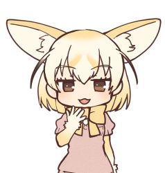 Rule 34 | 10s, 1girl, :3, animal ears, blonde hair, bow, bowtie, breast pocket, brown eyes, doremifa rondo (vocaloid), extra ears, fennec (kemono friends), fox ears, kemono friends, looking at viewer, official art, pink sweater, pocket, short hair, short sleeves, simple background, solo, sweater, tama (songe), vocaloid, white background, yellow bow, yellow bowtie