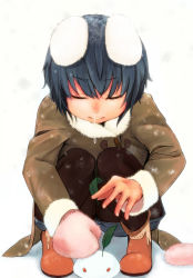 Rule 34 | 1girl, animal ears, black pantyhose, conabe, female focus, full body, inaba tewi, mittens, pantyhose, rabbit ears, runny nose, snot, snow rabbit, solo, squatting, touhou, white background