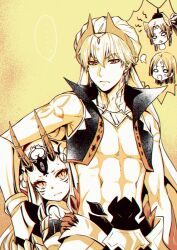 Rule 34 | 1boy, 3girls, anger vein, behind another, character request, commentary request, cropped jacket, earrings, fate/grand order, fate (series), gilgamesh (fate), hizuki aya, horns, ibaraki douji (fate), jewelry, long hair, looking down, minamoto no raikou (fate), multiple girls, oni, oni horns, pectorals, short hair, simple background, toned, toned male, upper body
