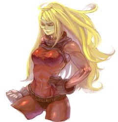 Rule 34 | 00s, 1girl, abs, adette kistler, ahoge, blonde hair, cowboy shot, goggles, hand on own hip, kima, long hair, muscular, overman king gainer, simple background, skin tight, solo, very long hair, white background