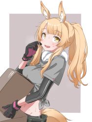 Rule 34 | :d, animal ears, arknights, black gloves, blemishine (arknights), blonde hair, blush, box, cardboard box, commentary request, crop top, gloves, grey background, grey shirt, groin, hand up, highres, holding, holding box, horse ears, horse girl, horse tail, layered sleeves, long sleeves, midriff, navel, open mouth, ponytail, raigou, shirt, short over long sleeves, short sleeves, smile, sweat, tail, tied shirt, two-tone background, white background, yellow eyes