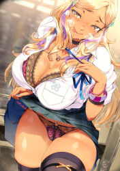 Rule 34 | 1girl, bangle, black choker, black thighhighs, blonde hair, blush, bra, bracelet, breasts, character request, choker, cleavage, clothes lift, commentary request, dark-skinned female, dark skin, flashing, ganguro, gyaru, heavy breathing, highres, huge breasts, jewelry, koda1ra, kogal, lace, lace-trimmed bra, lace panties, lace trim, large breasts, licking lips, lifted by self, lingerie, long hair, looking at viewer, multicolored hair, naughty face, neck ribbon, necklace, o-ring, o-ring bottom, o-ring panties, original, panties, pantyshot, pink nails, plaid, plaid skirt, plunging neckline, purple bra, purple hair, purple panties, ribbon, ring, ring necklace, skirt, skirt lift, solo, streaked hair, sweat, thick thighs, thighhighs, thighs, tongue, tongue out, train interior, underwear