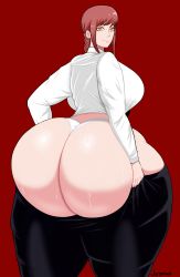 Rule 34 | 1girl, absurdres, artist name, ass, ass focus, ass support, black pants, braid, breasts, chainsaw man, clothes pull, from behind, highres, huge ass, huge breasts, jarsman, long hair, long sleeves, looking at viewer, looking back, makima (chainsaw man), panties, pants, pants pull, red background, red hair, shirt, smile, solo, sweat, thick thighs, thighs, tight clothes, tight pants, underwear, white panties, white shirt, wide hips, yellow eyes