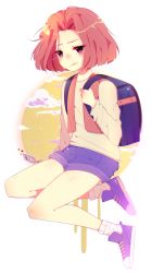 Rule 34 | 1boy, arm support, backpack, bag, blue bag, blue footwear, blue shorts, chariko, cloud, commentary, copyright request, crying, crying with eyes open, denim, english commentary, full body, highres, long sleeves, looking at viewer, male focus, moon, pink hair, sad, short hair, shorts, simple background, sitting, socks, solo, sparkle, tears, white background, white socks