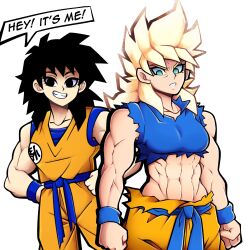 Rule 34 | abs, alternate muscle size, black eyes, black hair, blonde hair, breasts, clenched hands, commentary, cosplay, crop top, dougi, dragon ball, dragon ball minus, dragonball z, dual persona, english text, furrowed brow, gine, green eyes, grin, hands on own hips, highres, kermittend, medium breasts, muscular, muscular female, navel, pants, serious, shirt, smile, son goku, son goku (cosplay), super saiyan, super saiyan 1, torn clothes, torn pants, torn shirt, wristband