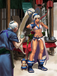 Rule 34 | 1boy, 1girl, :t, abs, arrow (projectile), bare shoulders, blue eyes, blue gloves, blunt bangs, blush, bow (weapon), breasts, champuru, cleavage, closed mouth, cup, daichan mona, dango, dark skin, eating, folded ponytail, food, full body, gloves, high ponytail, japanese clothes, kimono, majikina mina, muscular, muscular female, navel, old, old man, partially fingerless gloves, partly fingerless gloves, quiver, revealing clothes, samurai spirits, sandals, sarong, sash, shiny skin, single glove, small breasts, snk, stomach, tabi, table, tasuki, teapot, wagashi, weapon, weapon on back, white hair, yugake, yunomi