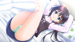 Rule 34 | 1girl, ass, bed sheet, black hair, blue eyes, blush, courreges ace, dutch angle, feet, female focus, green panties, hair ornament, kneehighs, long hair, long sleeves, looking at viewer, lying, no shoes, official art, on back, on bed, onami kohaku, onii-chan asa made zutto gyu tte shite!, open mouth, panties, pussy juice, socks, solo, underwear, wet, wet clothes, wet panties, white socks