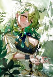 Rule 34 | 1girl, antlers, blue dress, blush, braid, braided bangs, breasts, ceres fauna, cleavage, dress, earrings, flower, green flower, green hair, green nails, hair flower, hair ornament, highres, hololive, hololive english, horns, jewelry, large breasts, leaf, looking at viewer, mole, mole under eye, multicolored hair, nail polish, paulandcookie, single braid, single earring, smile, solo, streaked hair, virtual youtuber, water, wet, yellow eyes