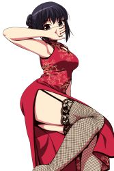 Rule 34 | 1girl, armpits, bare shoulders, black hair, black thighhighs, braid, brown eyes, china dress, chinese clothes, covering own mouth, dress, fishnet thighhighs, fishnets, french braid, garter straps, highres, legs, looking at viewer, matsunaga kouyou, no shoes, original, red dress, short hair, simple background, sleeveless, sleeveless dress, solo, thighhighs, white background