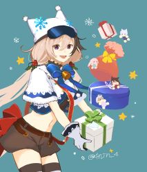 Rule 34 | 1girl, :d, absurdres, adnachiel (arknights), animal ear headwear, animal ears, ansel (arknights), arknights, beanie, belt, black shorts, black thighhighs, blue bow, blue bowtie, blue shirt, bow, bowtie, box, brown belt, brown hair, cameo, cardigan (arknights), cardigan (cheerful guardian) (arknights), charm (object), cowboy shot, cropped shirt, fake animal ears, gift, gift box, gloves, goggles, goggles on head, green background, grey gloves, hair between eyes, hair ornament, hat, highres, holding, holding gift, holly hair ornament, long hair, looking at viewer, low twintails, melantha (arknights), midriff, multicolored hair, navel, official alternate costume, open mouth, purple eyes, shirt, shorts, simple background, smile, snowflakes, solo, steward (arknights), streaked hair, thighhighs, twintails, twitter username, two-tone hair, white hat, yojin (4nin 4)
