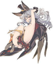 Rule 34 | 10s, 1girl, animal ears, arm up, armpits, ass, back, blade (galaxist), blue hair, blush, breasts, brown eyes, cape, erune, ferry (granblue fantasy), ferry (halloween) (granblue fantasy), fetal position, from behind, full body, gloves, granblue fantasy, long hair, looking at viewer, looking back, no bra, no panties, open mouth, plantar flexion, rabbit ears, sideboob, simple background, skirt, small breasts, solo, white background